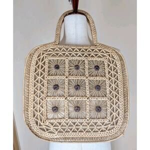 Vintage Woven Straw Natural Tote Bag Floral Bag Cottagecore Boho Raffia Square